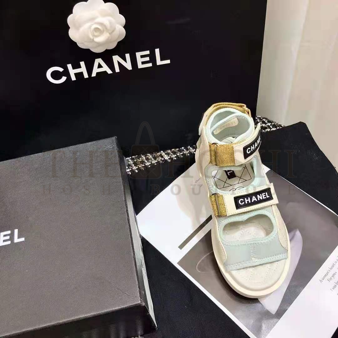 Ch**el Women Sandals Goatskin Fabric & TPU White Light Grey & Navy Blue Master Quality