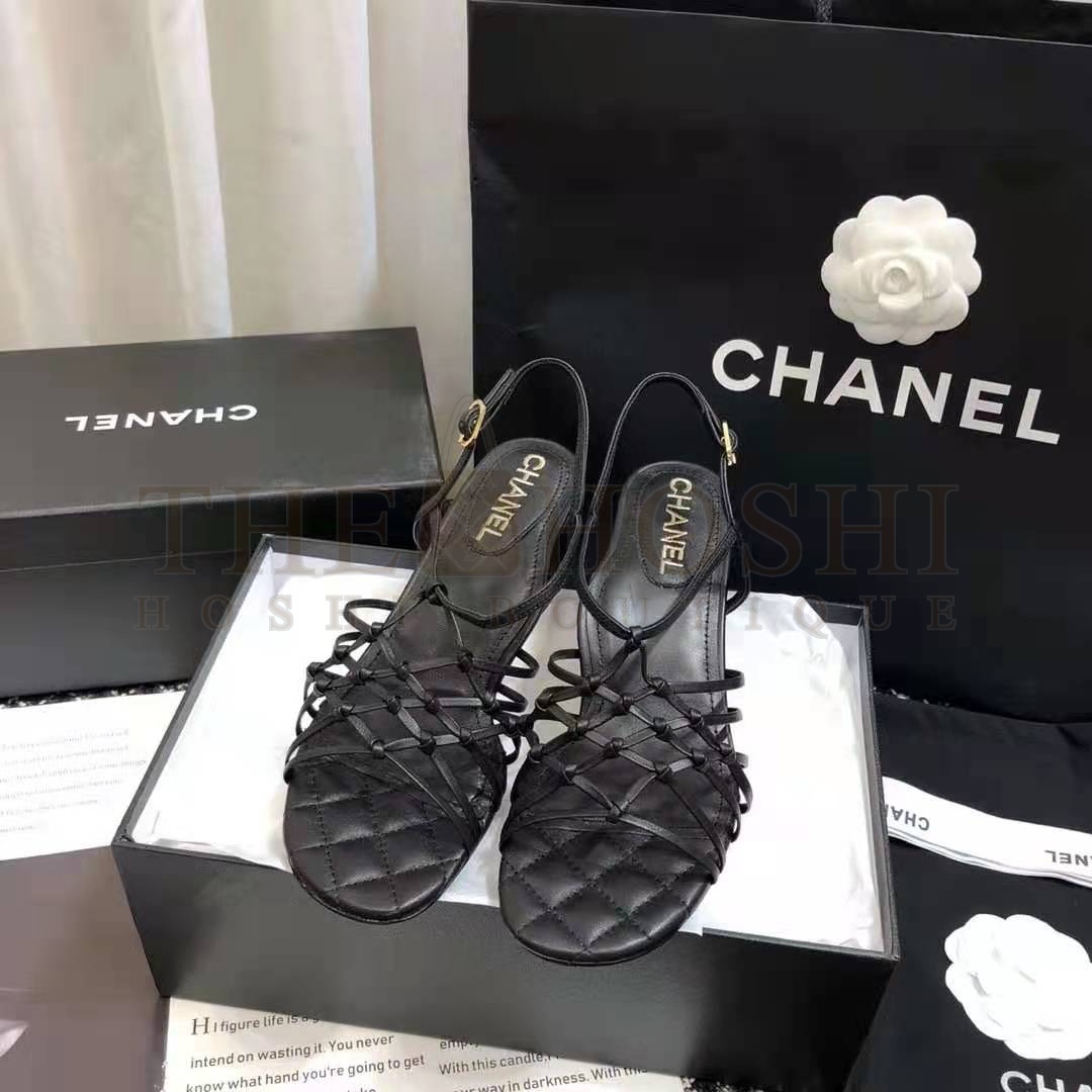 Ch**el Women Sandals Iridescent Calfskin Black 5 cm Heel Master Quality