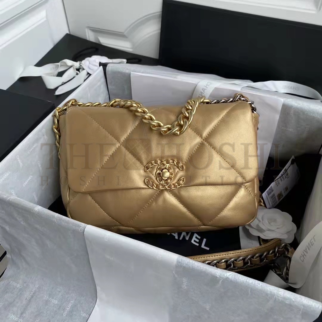 Ch**el CC Women 19 Handbag Metallic Lambskin Gold Silver Tone Gold Bag Master Quality