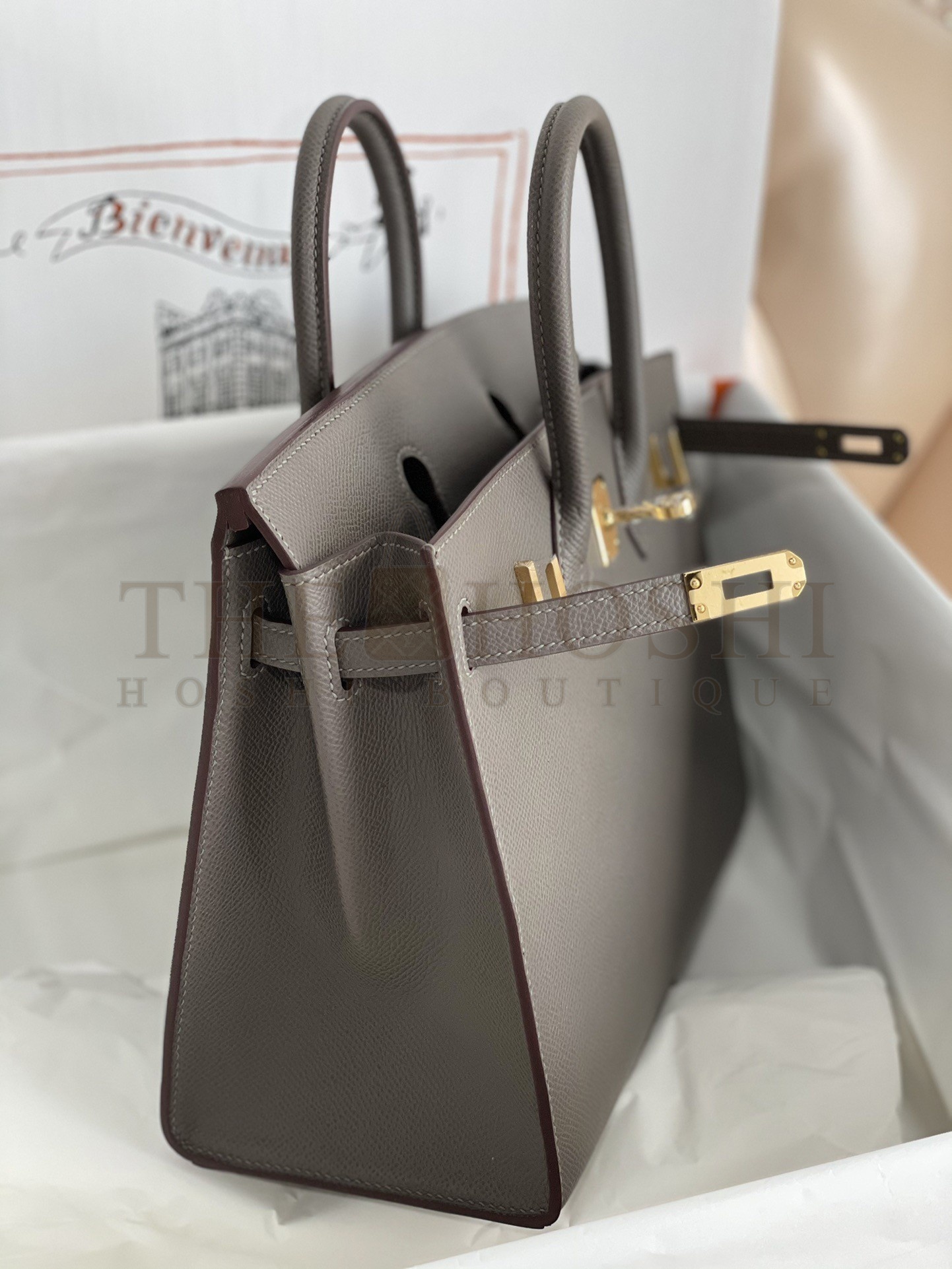 H**me5 Birkin 25 Sellier Handmade Bag In Etain Epsom Calfskin Master Quality