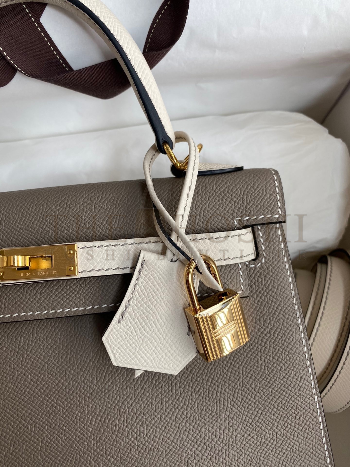 H**me5 Kelly Sellier 25 Bicolor Bag in Taupe and Craie Epsom Calfskin Master Quality