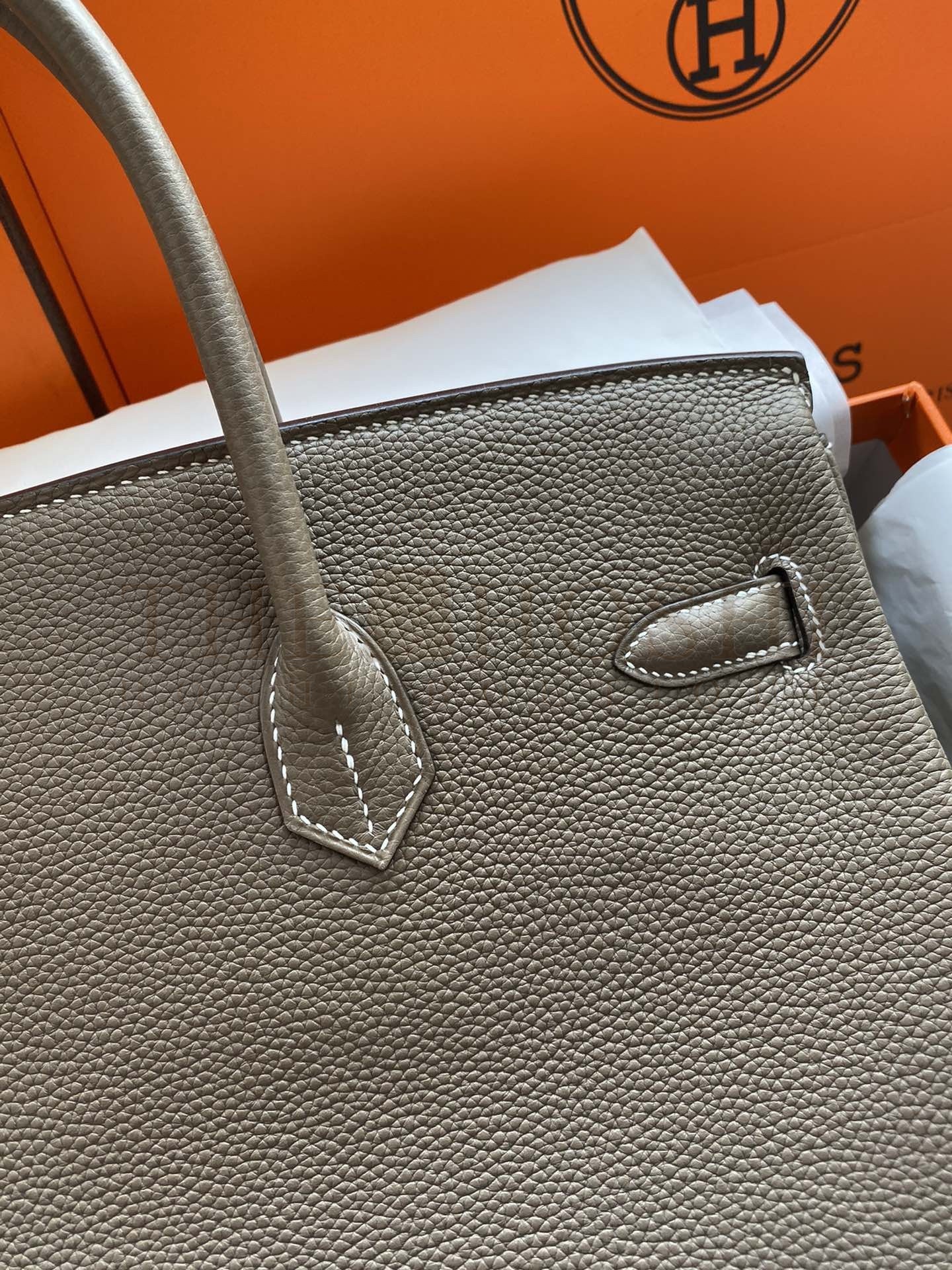 H**me5 Birkin 35 Retourne Handmade Bag In Taupe Clemence Leather Master Quality