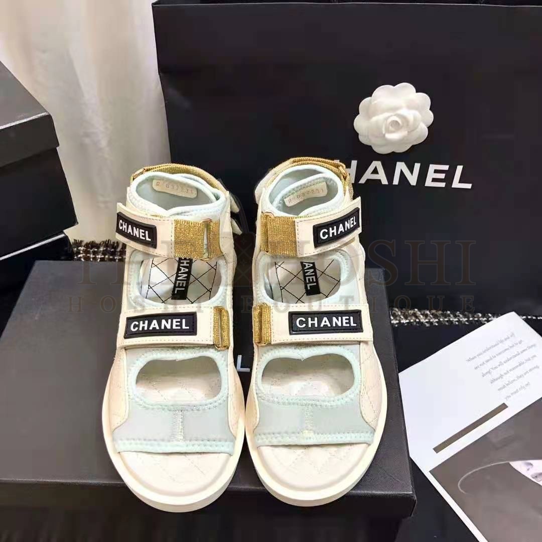 Ch**el Women Sandals Goatskin Fabric & TPU White Light Grey & Navy Blue Master Quality