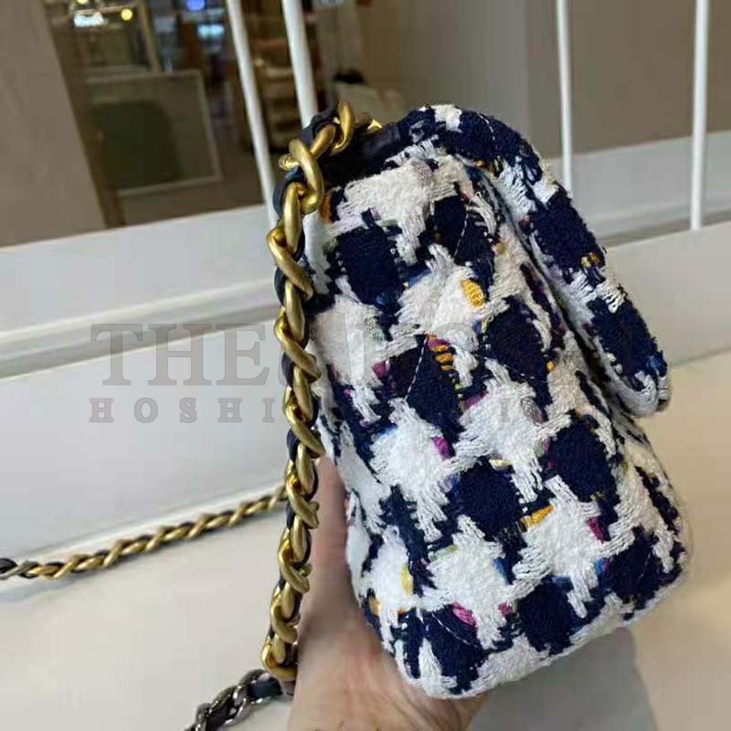 Ch**el Women 19 Flap Bag Tweed Gold Silver-Tone Ruthenium-Finish Metal Ecru Navy Blue Multicolor Master Quality