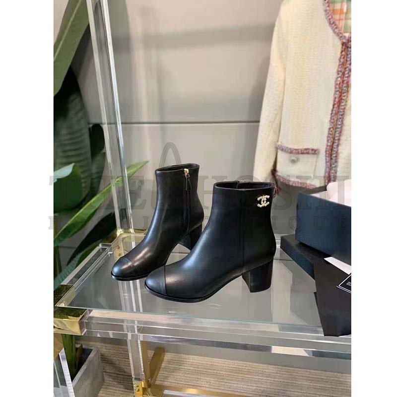 Ch**el Women Ankle Boots Calfskin Black 6.5 cm 2.6 in Heel Master Quality