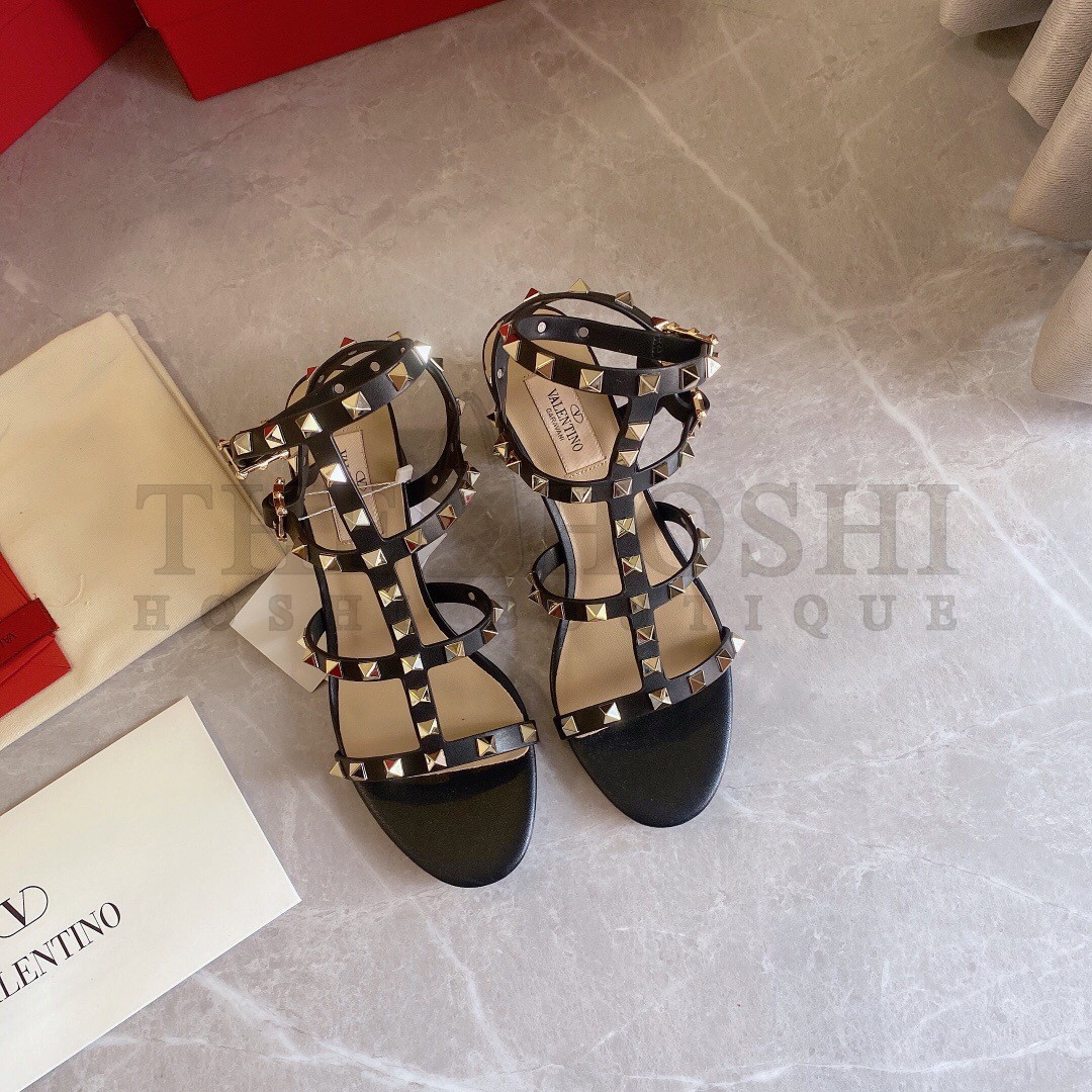 Va1e*ntin0 Rockstud Ankle Strap Sandals 60mm In Black Calfskin Master Quality