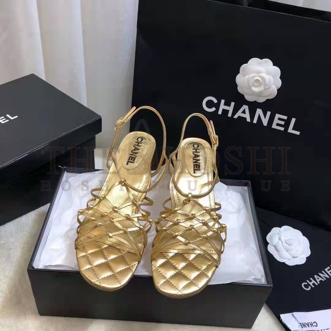 Ch**el Women Sandals Laminated Lambskin Gold 5 cm Heel Master Quality