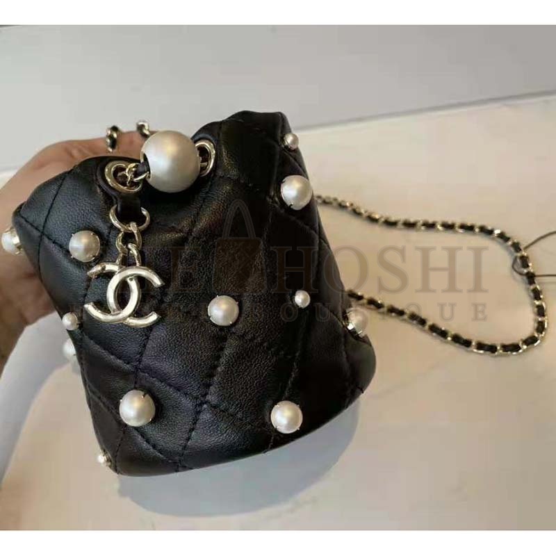 Ch**el Women Mini Drawstring Bag Lambskin Imitation Pearls & Gold-Tone Metal Black Master Quality