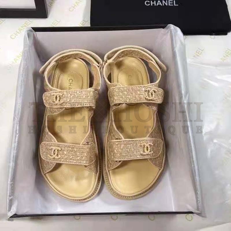 Ch**el Women Sandals Braided Fabric Beige 1 cm Heel Master Quality