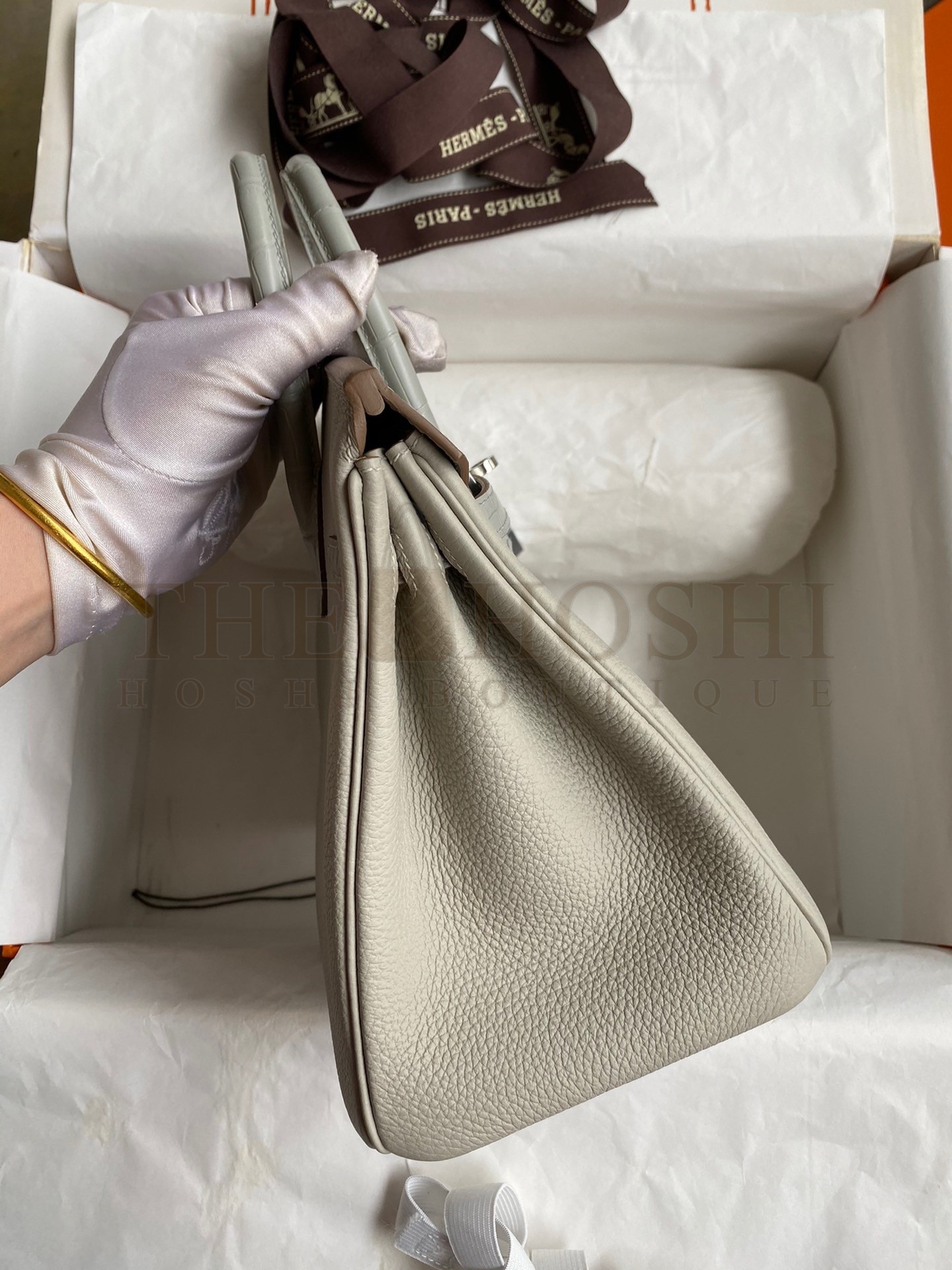 H**me5 Touch Birkin 25 Bag in Pearl Grey Togo and Matte Alligator Leather Master Quality