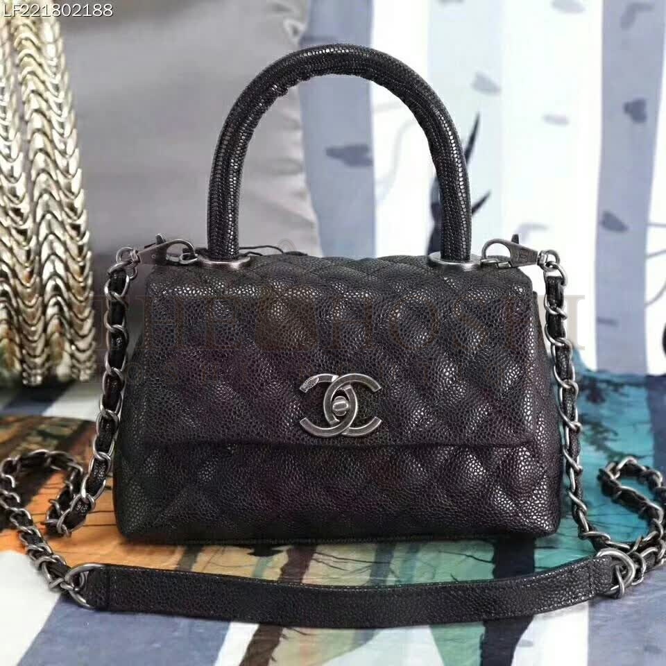 Ch**el Coco Caviar Lizard Quilted Mini Flap Bag with Top-Handle-Black Master Quality