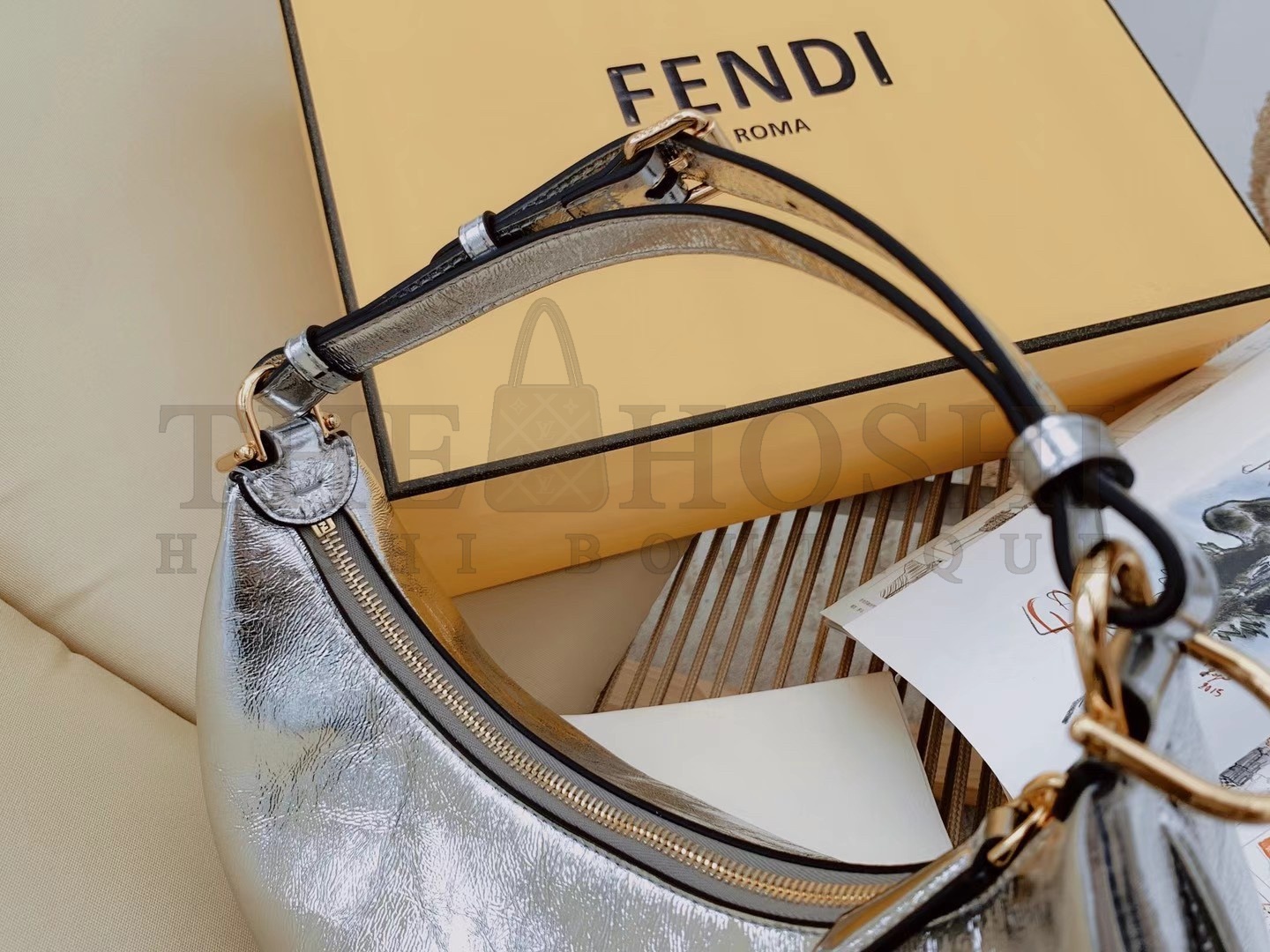 F**di F**digraphy Small Hobo Bag In Silver Metallic Leather Master Quality
