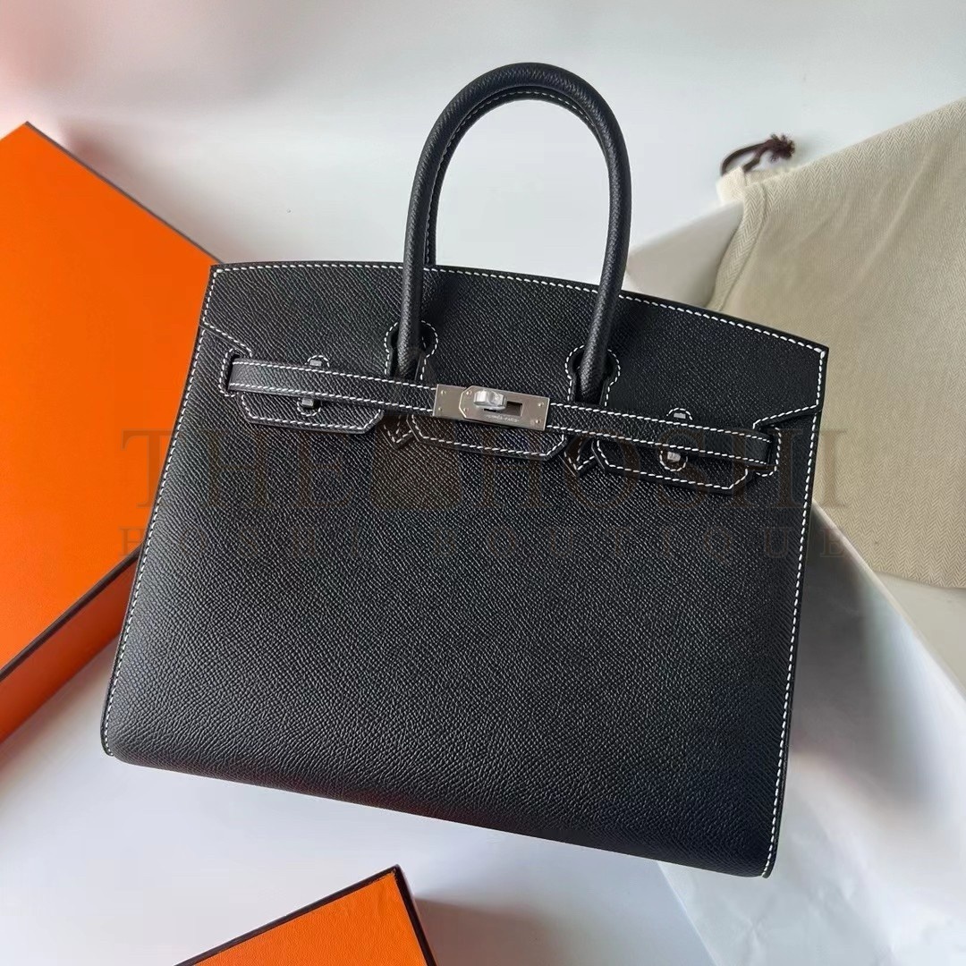 H**me5 Birkin 25 Sellier Handmade Bag In Noir Epsom Calfskin Master Quality