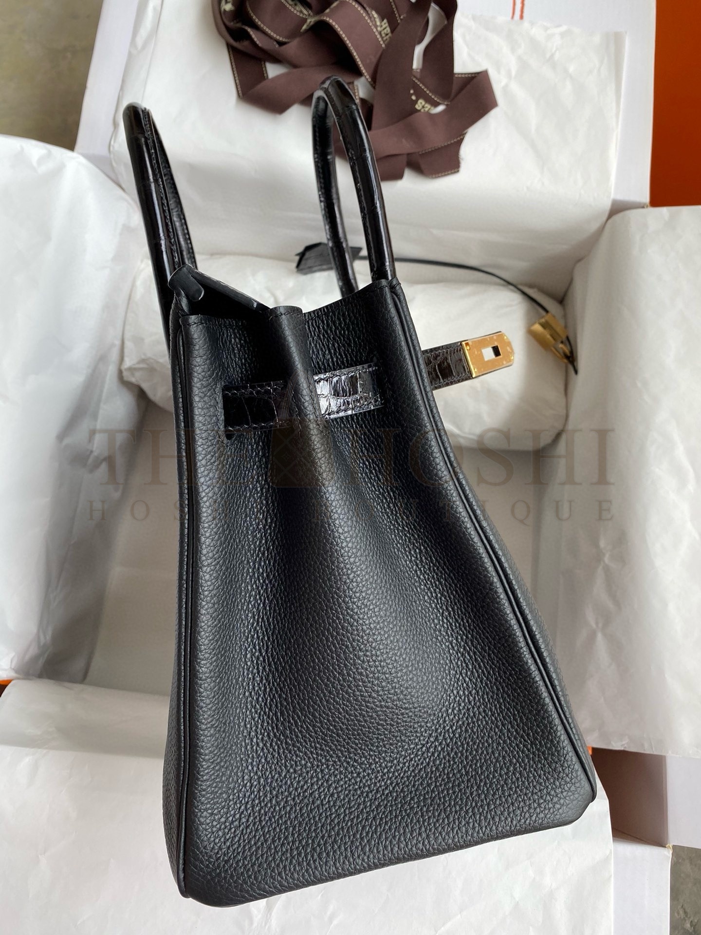 H**me5 Touch Birkin 30 Bag In Black Clemence and Shiny Niloticus Crocodile Skin Master Quality