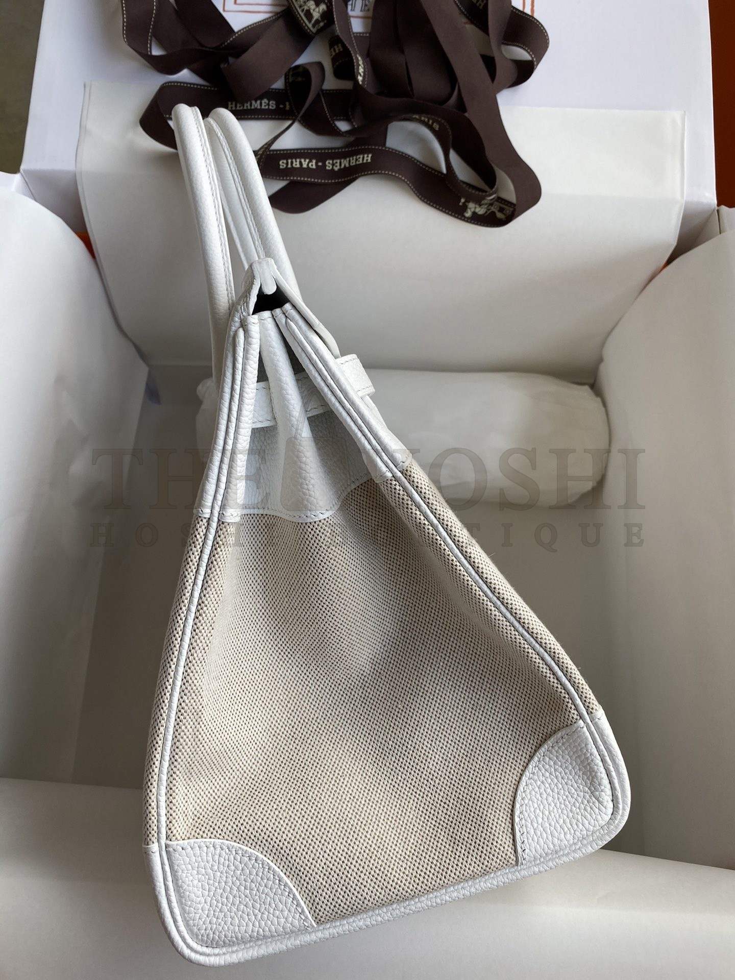 H**me5 Birkin 35 Handmade Bag In Toile & White Clemence Leather Master Quality