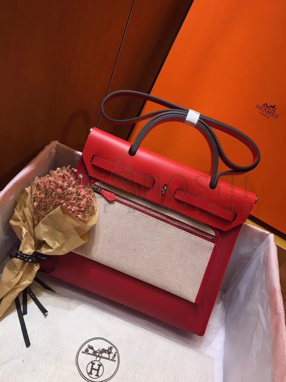 H**me5 Herbag Zip 31cm Bag In Red Toile And Leather Master Quality
