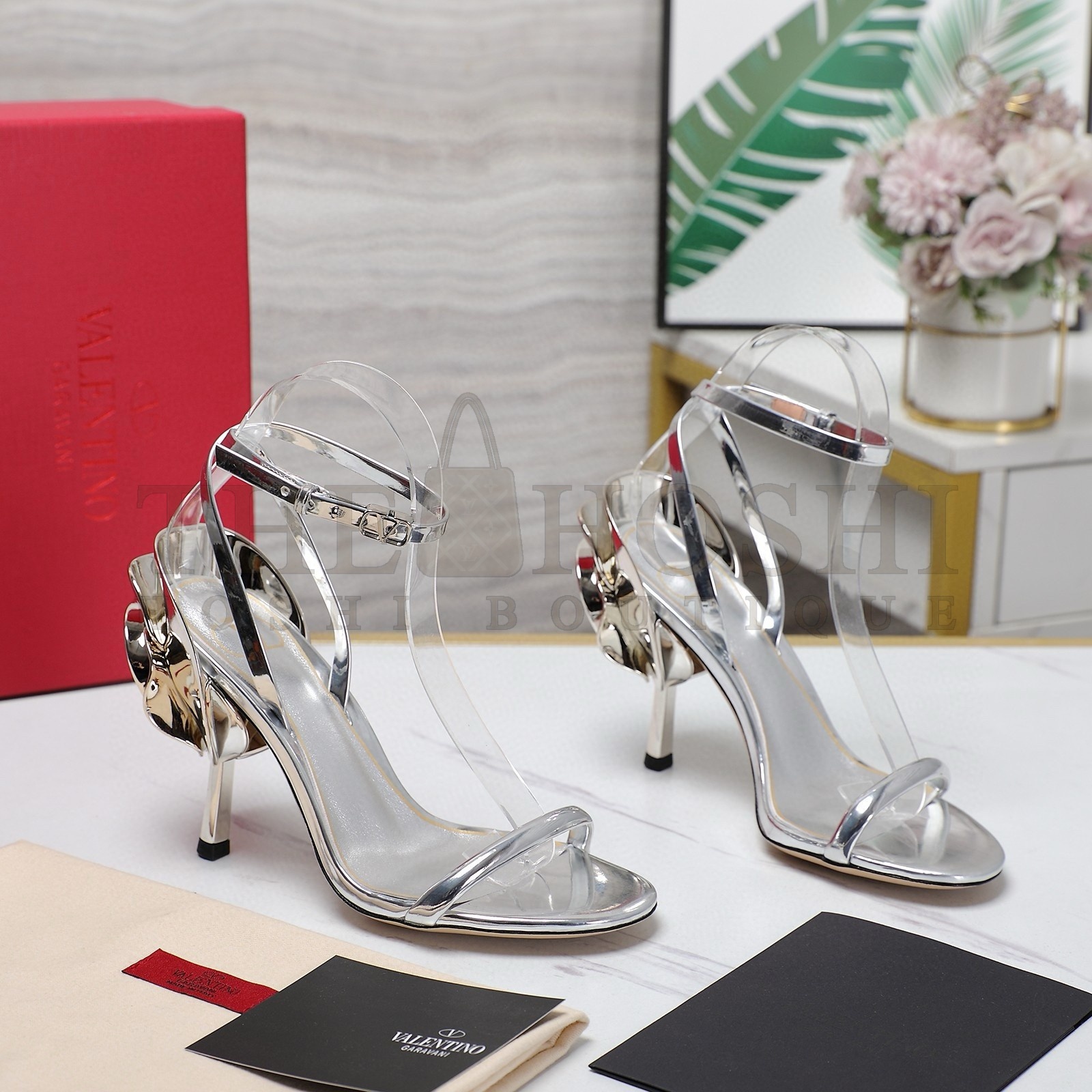 Va1e*ntin0 Roserouche Sandals 1990 100mm in Silver Calfskin Master Quality