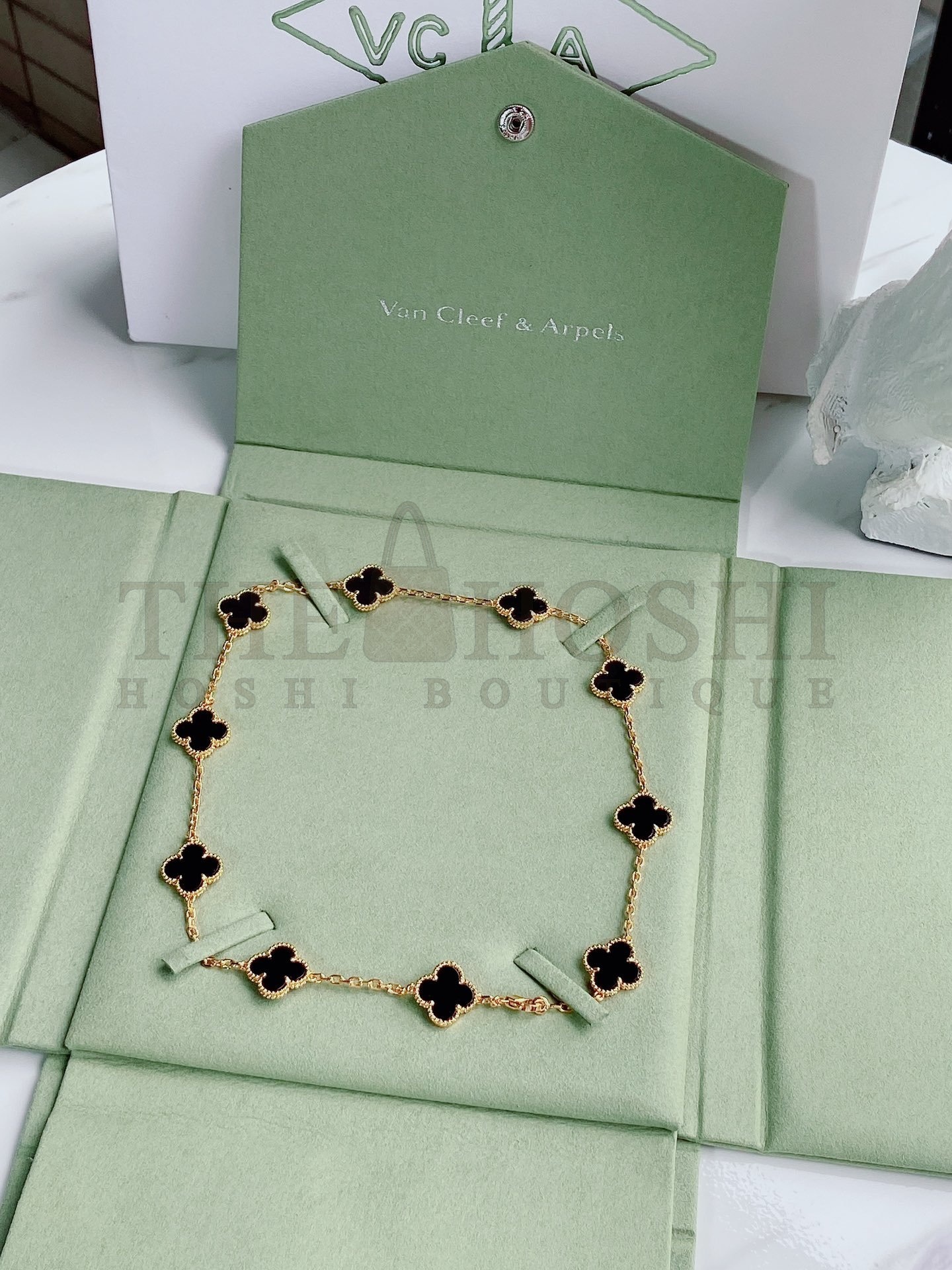 18k Premium Onyx Ten Flowers Clover Necklace. V*n Cl**f&Arpels Master Quality