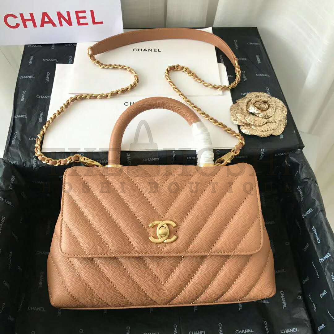 Ch**el Women Small Flap Bag with Top Handle Grained Calfskin-Beige Master Quality