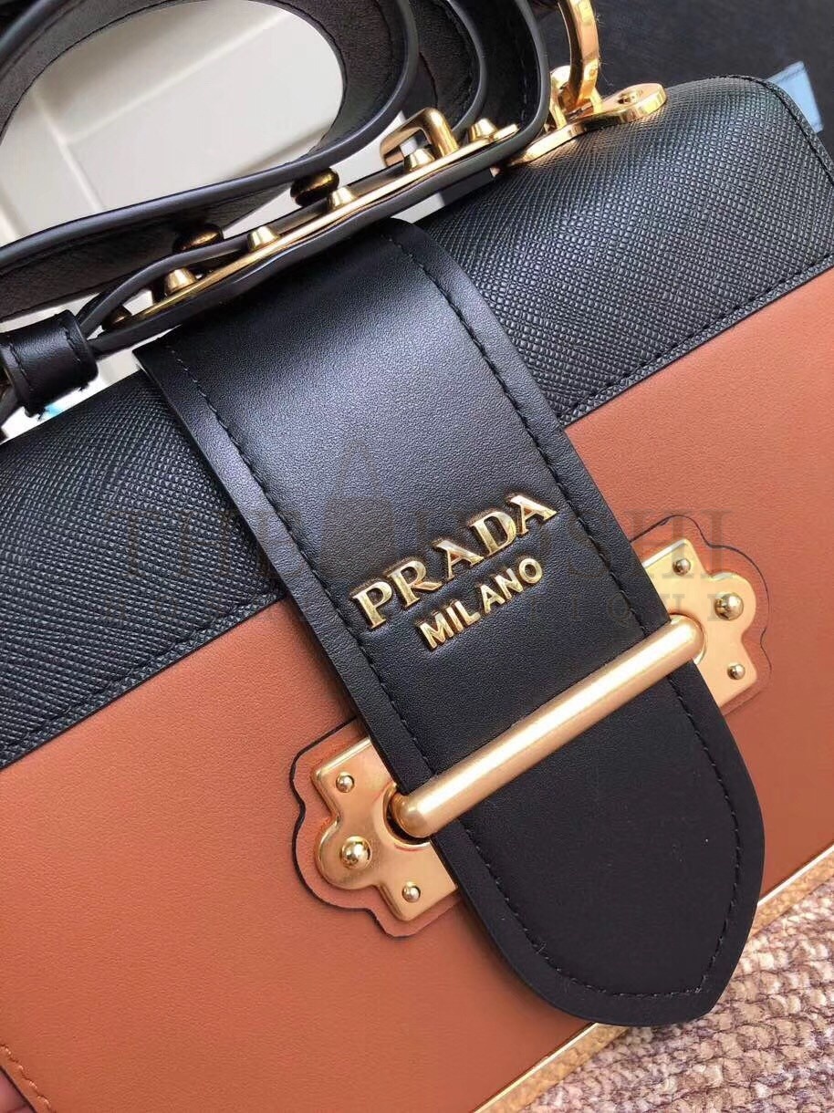 Pra*a Cahier Shoulder Bag In Brown/Black Leather Master Quality