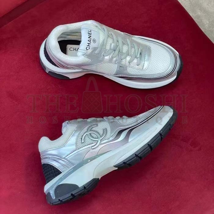 Ch**el trainer shoes Women CC Sneakers Fabric Laminated White Silver Master Quality