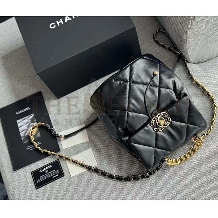 Ch**el Women CC 19 Backpack Shiny Lambskin Gold Silver-Tone Black Master Quality
