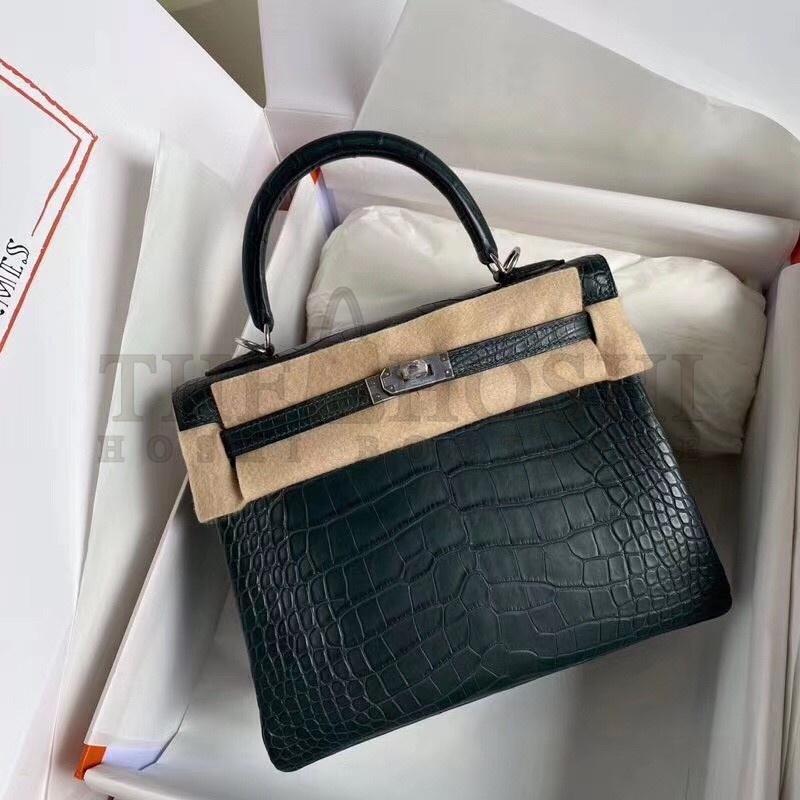 H**me5 Vert Cypres Kelly 28cm Matte Alligator Crocodile Skin Bag Master Quality