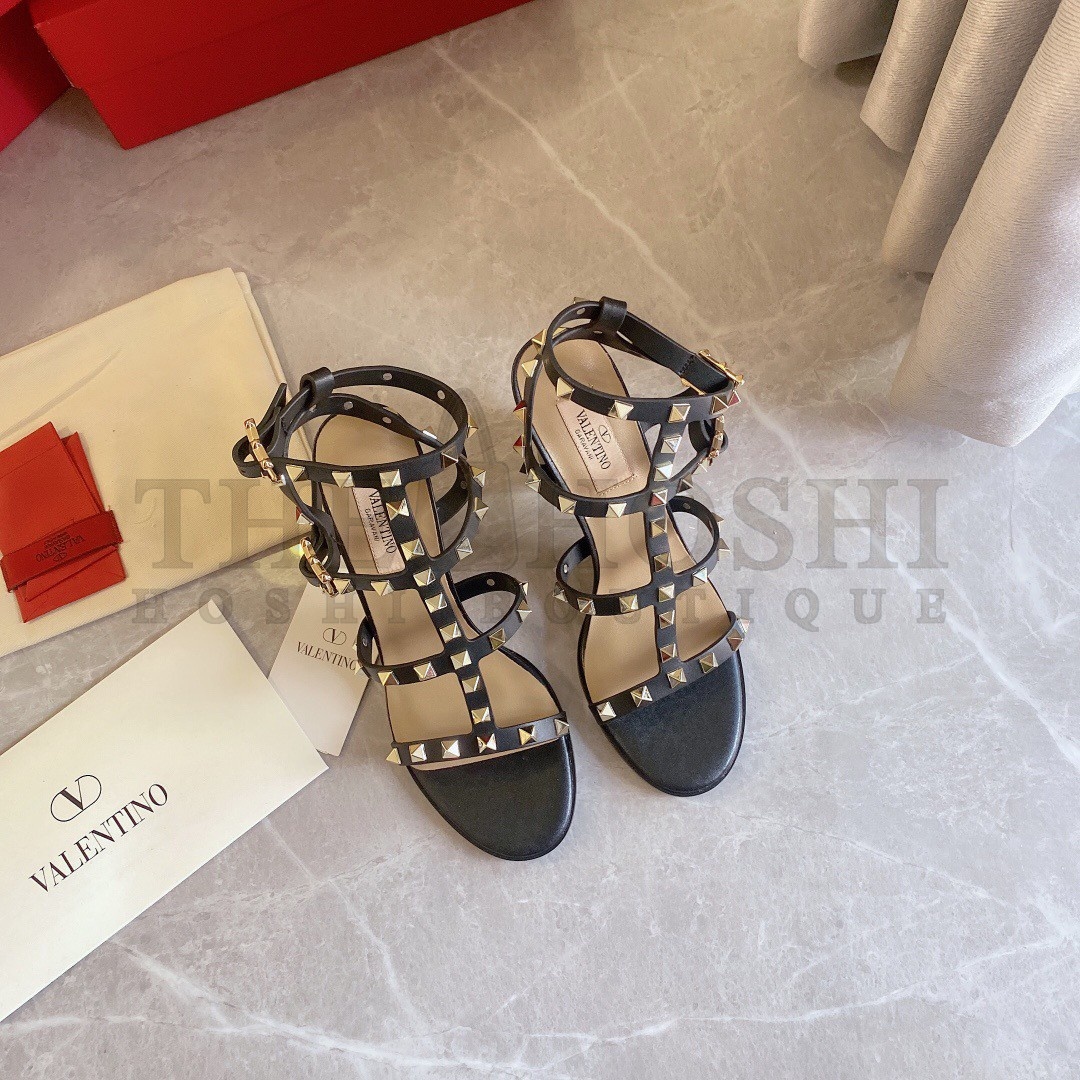Va1e*ntin0 Rockstud Ankle Strap Sandals 90mm In Black Calfskin Master Quality