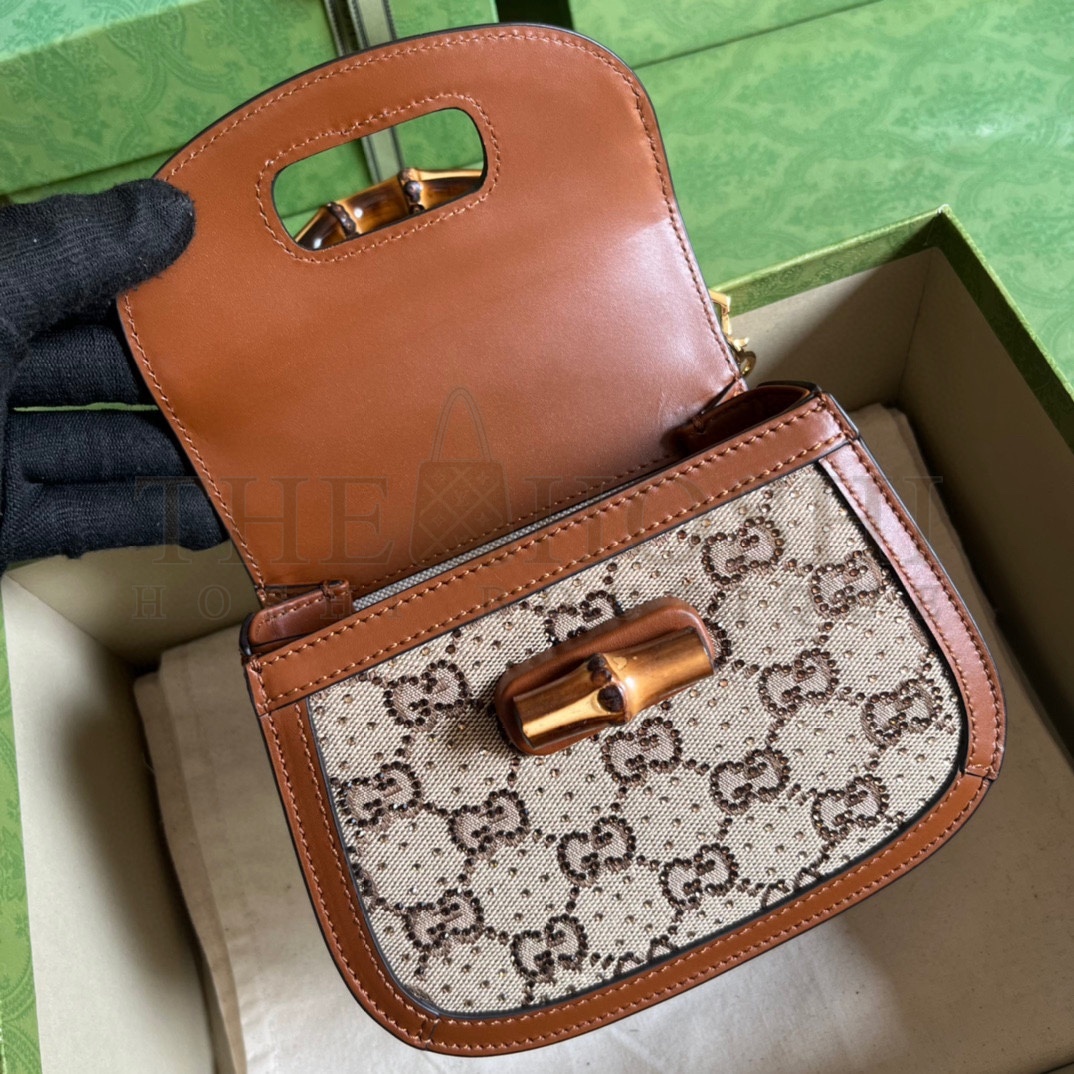 Gvc*1 Women Bamboo 1947 Mini Top Handle Bag Beige Ebony Canvas GG Crystal Master Quality