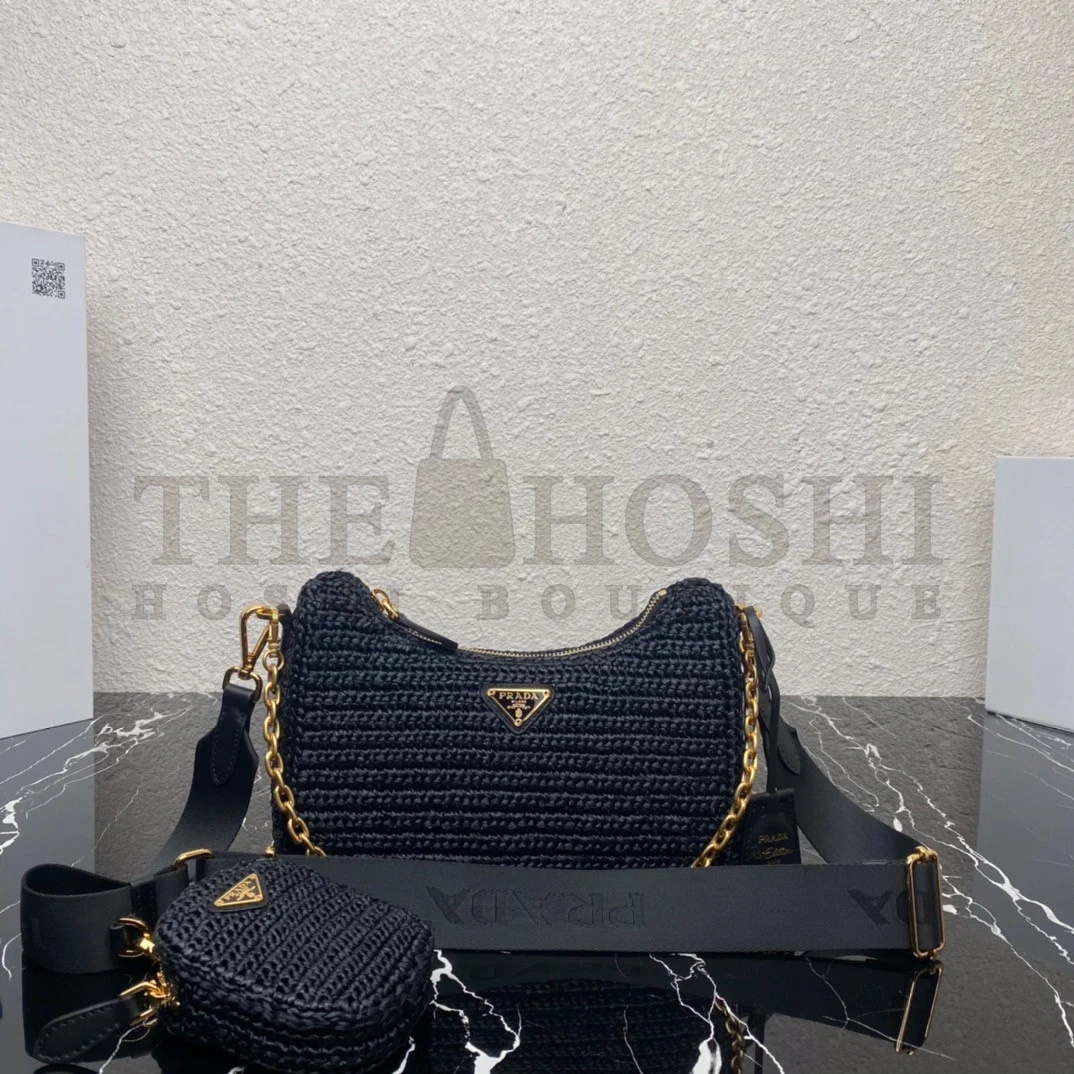 Pra*a Re-Edition 2005 Shoulder Bag In Black Raffia Master Quality