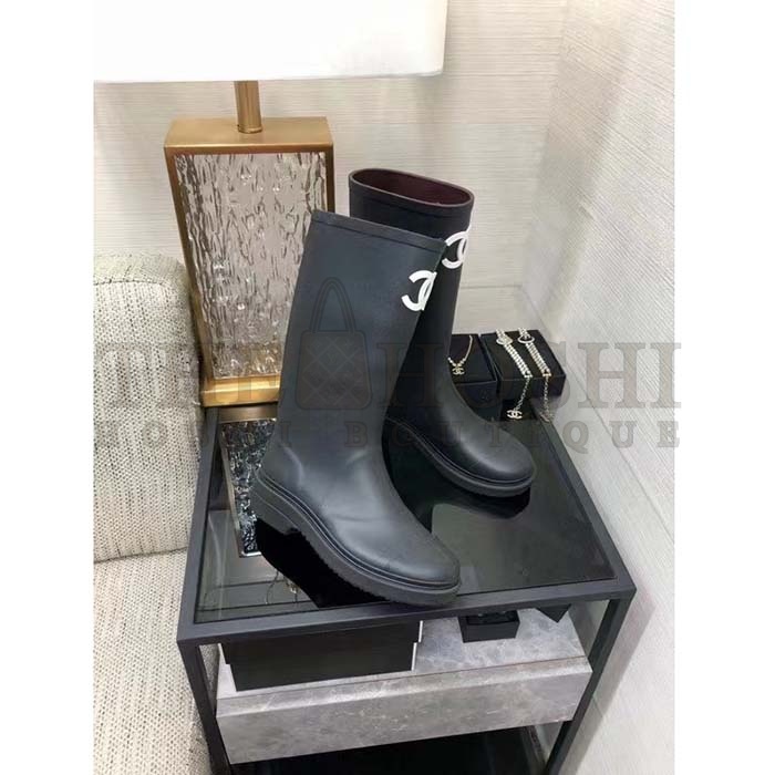 Ch**el Women CC High Boots Caoutchouc Leather Black Master Quality