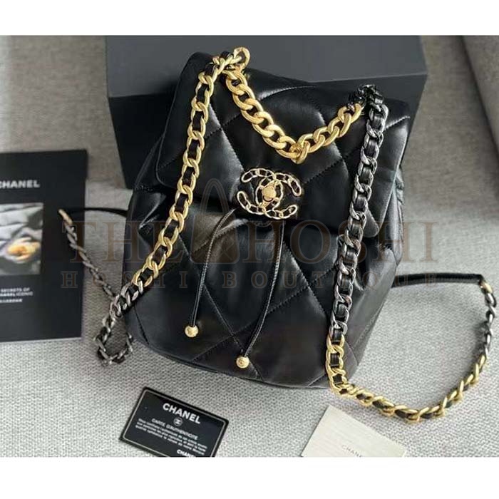 Ch**el Women CC 19 Backpack Shiny Lambskin Gold Silver-Tone Black Master Quality