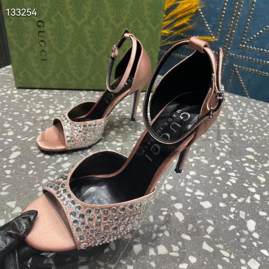 Gvc*1 Women G2 Mid-Heel Sandals Crystals Silver Satin 8 CM Heel Double G Master Quality