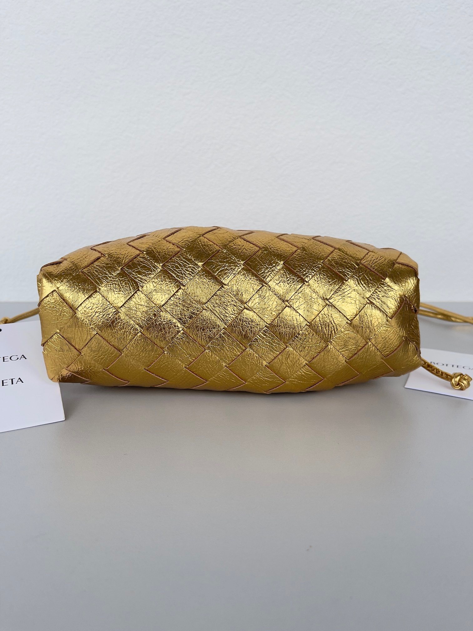 B0tt*ga Ven*ta Mini Pouch with Strap in Gold Metallic Lambskin Master Quality