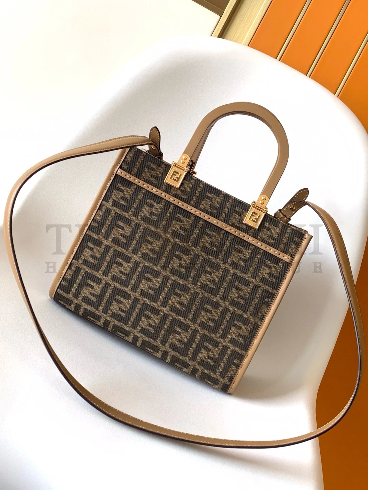 F**di Sunshine Small Tote Bag in Brown FF Jacquard Fabric Master Quality