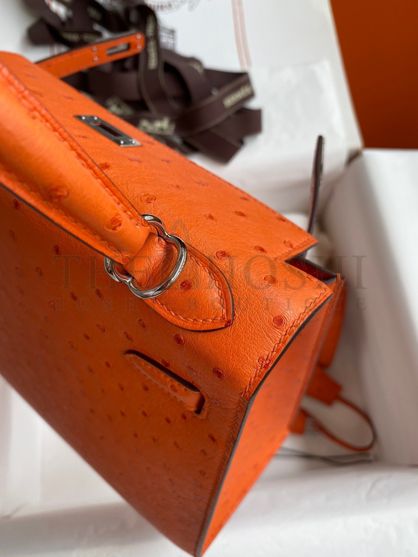 H**me5 Kelly Sellier 25 Handmade Bag In Orange Ostrich Leather Master Quality