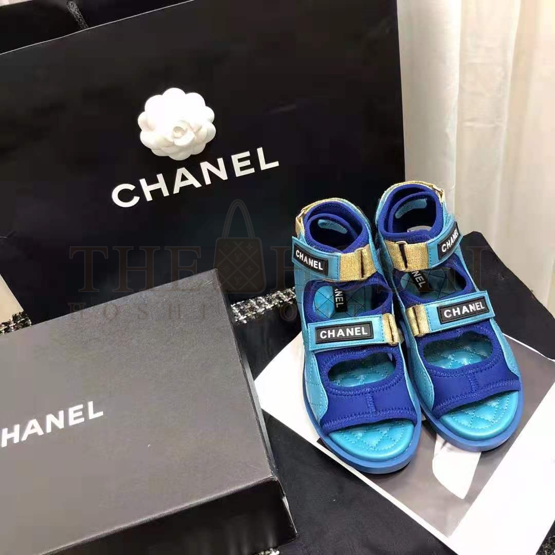 Ch**el Women Sandals Goatskin Fabric &amp; TPU Blue Dark Blue &amp; Black Master Quality