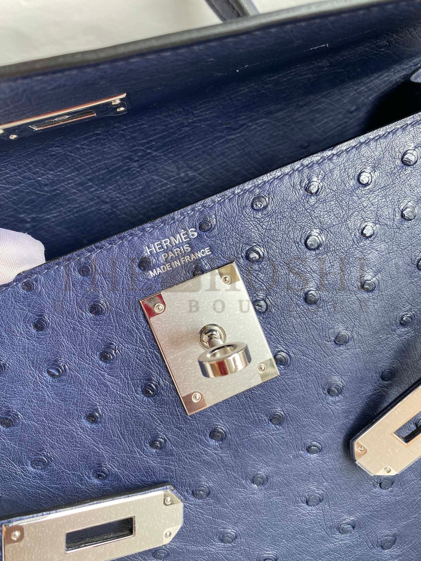 H**me5 Kelly Sellier 32 Handmade Bag In Blue Iris Ostrich Leather Master Quality