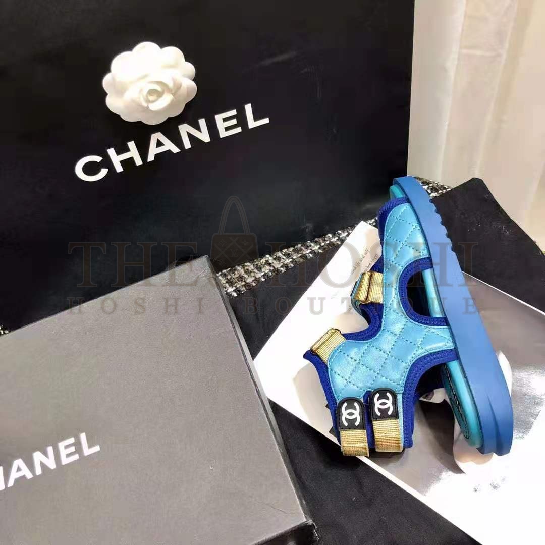 Ch**el Women Sandals Goatskin Fabric &amp; TPU Blue Dark Blue &amp; Black Master Quality