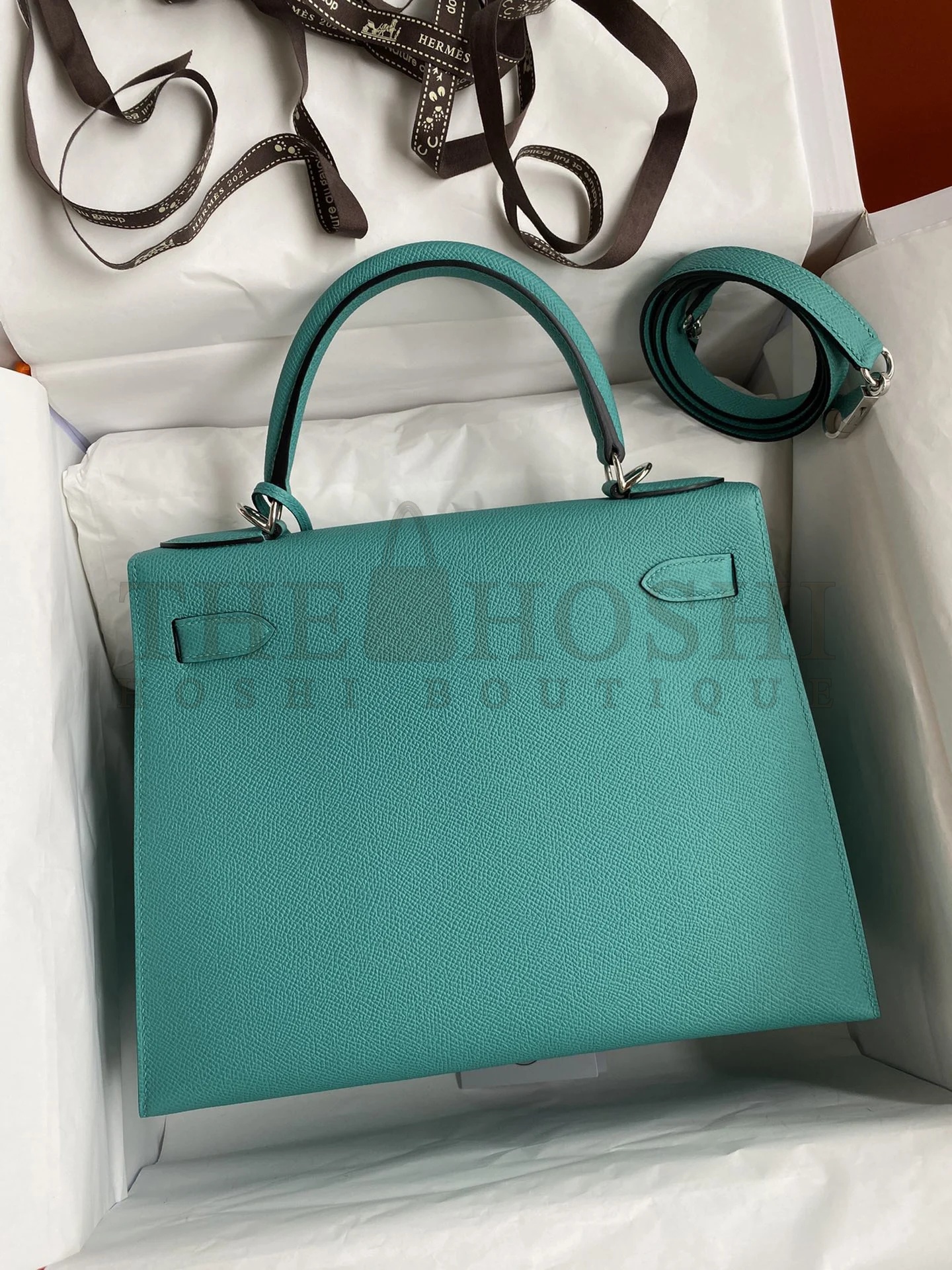 H**me5 Kelly Sellier 28 Handmade Bag In Blue Paon Epsom Calfskin Master Quality