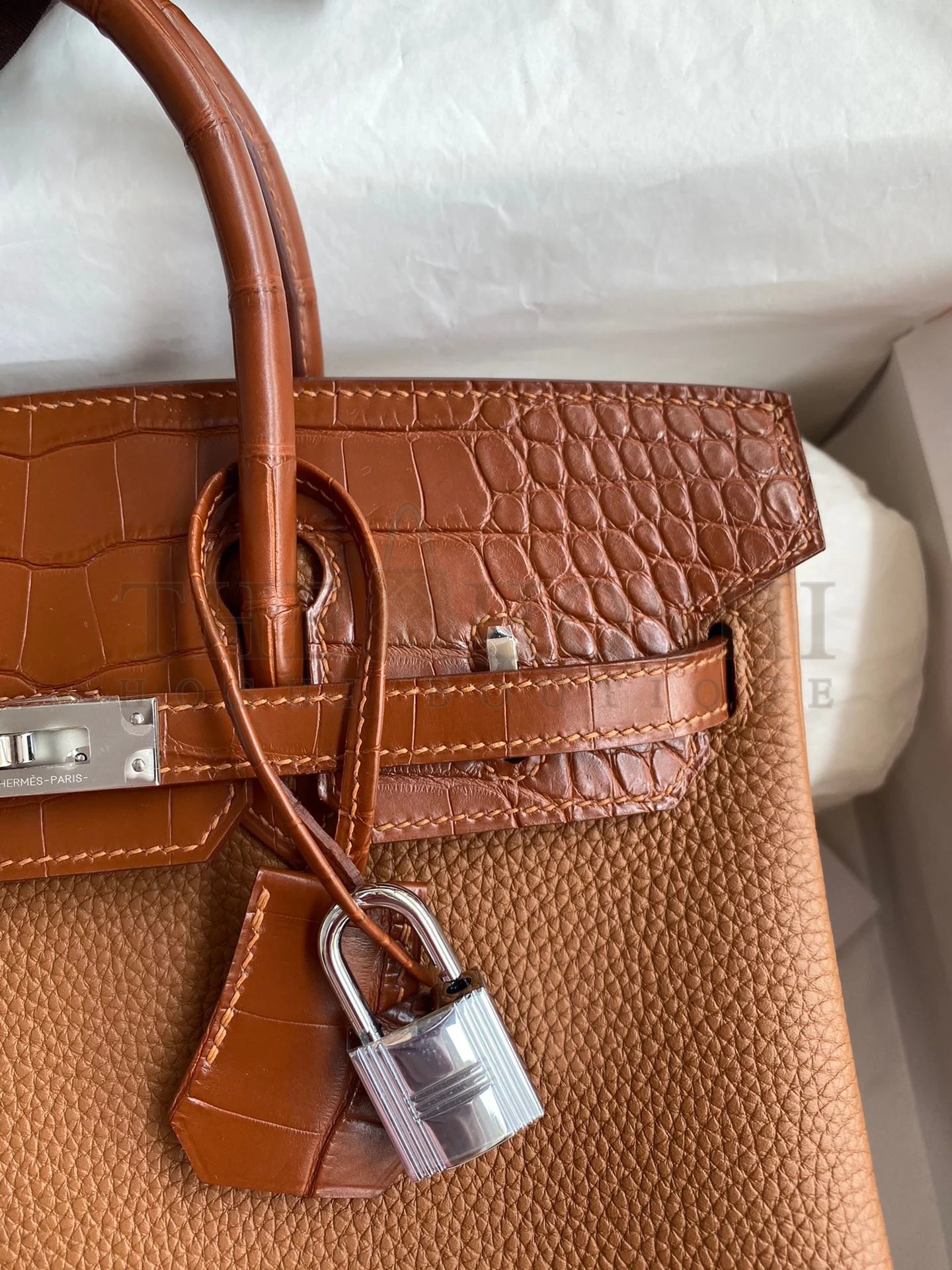 H**me5 Touch Birkin 25 Bag in Gold Togo and Matte Alligator Leather Master Quality