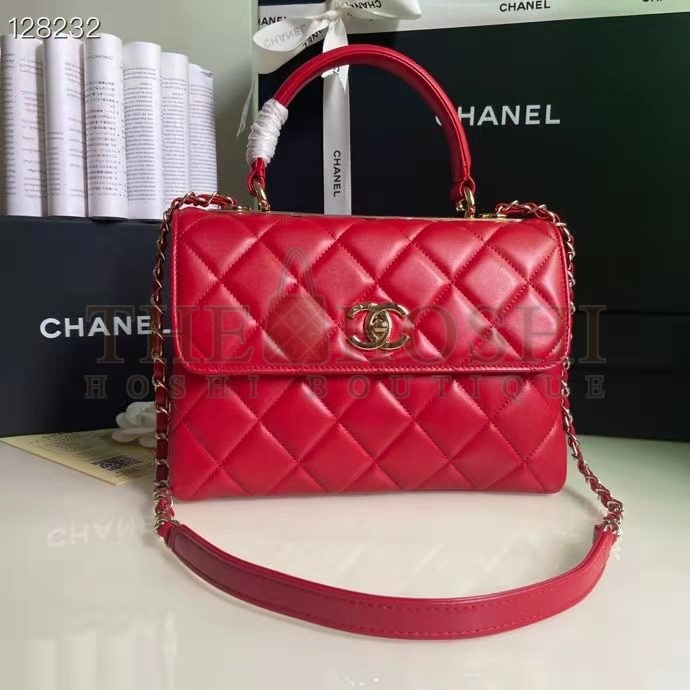 Ch**el Women Flap Bag Top Handle Smooth Calfskin Gold-Tone Metal Red Master Quality