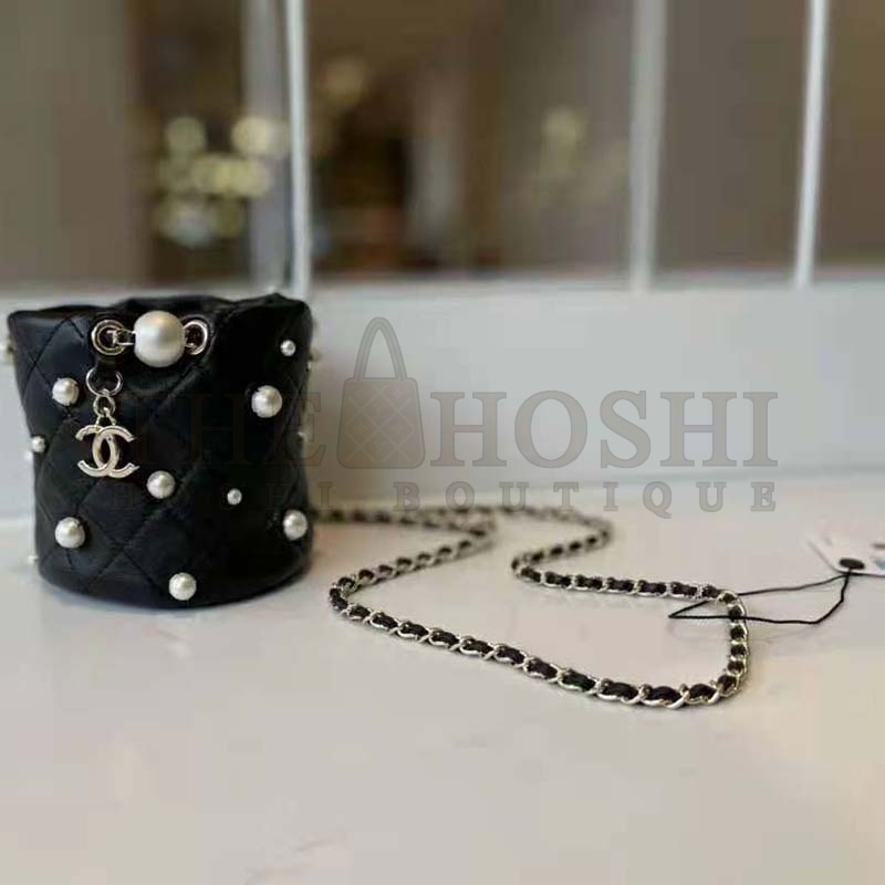 Ch**el Women Mini Drawstring Bag Lambskin Imitation Pearls & Gold-Tone Metal Black Master Quality