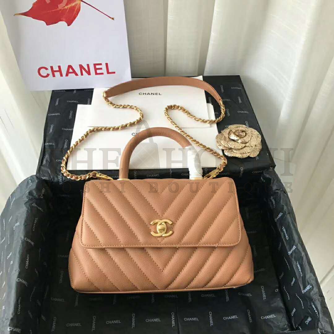 Ch**el Women Small Flap Bag with Top Handle Grained Calfskin-Beige Master Quality
