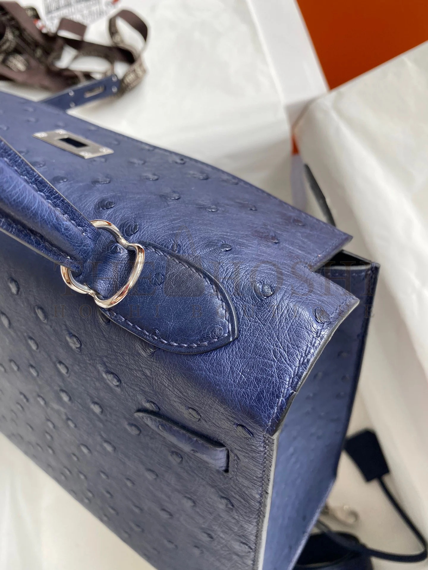H**me5 Kelly Sellier 32 Handmade Bag In Blue Iris Ostrich Leather Master Quality