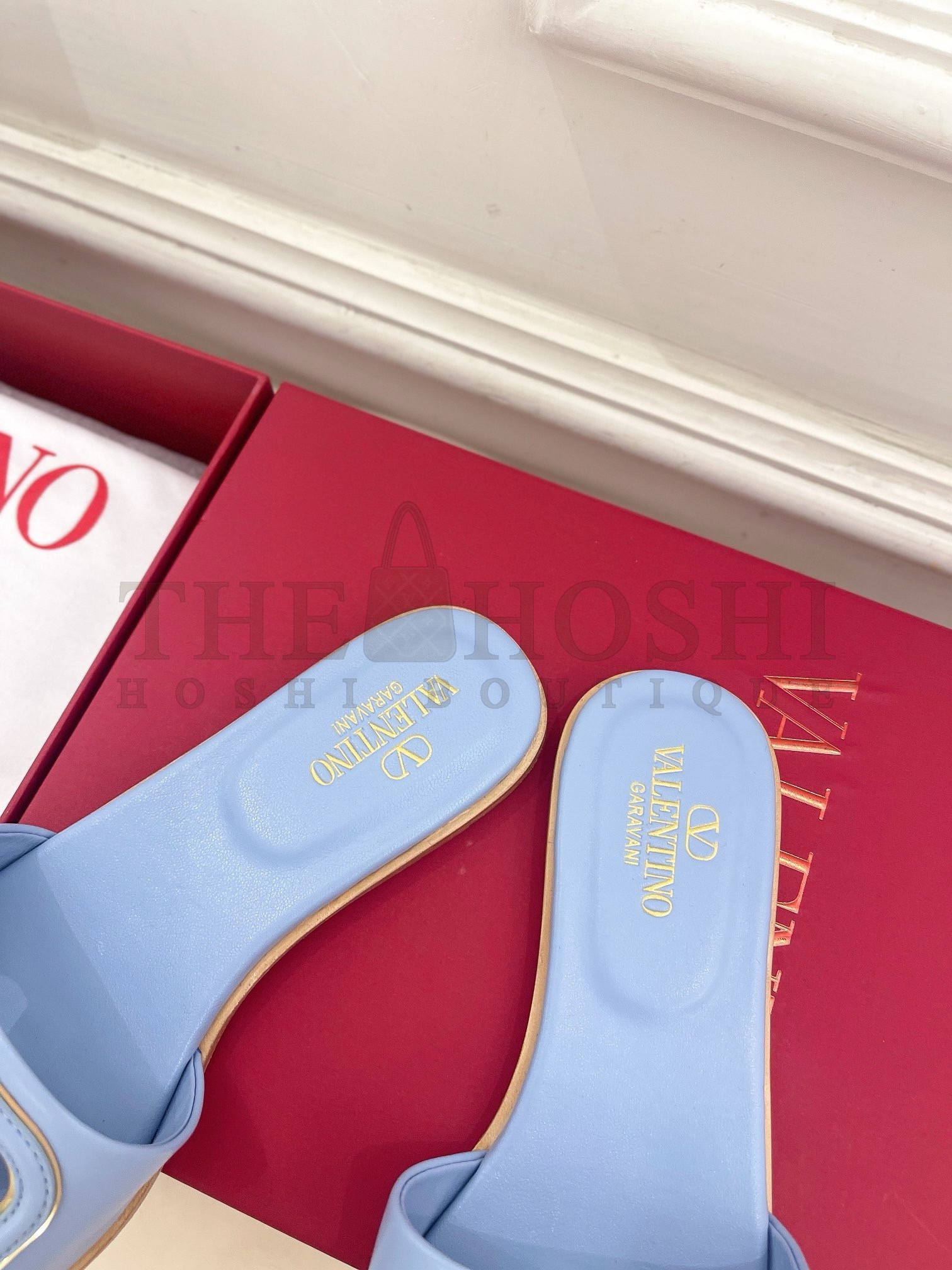 Va1e*ntin0 VLogo Cut-out Slide Sandals in Blue Leather Master Quality