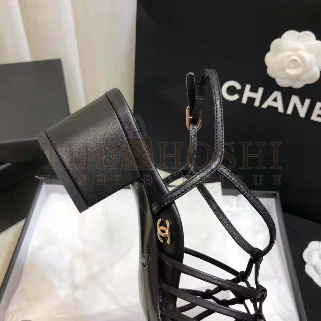 Ch**el Women Sandals Iridescent Calfskin Black 5 cm Heel Master Quality