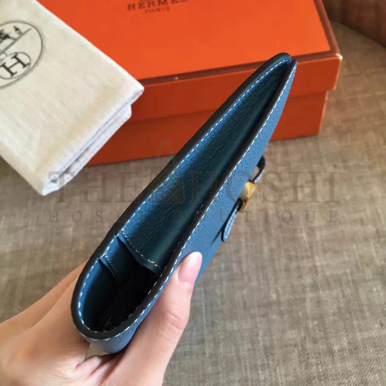 H**me5 Dogon Duo Wallet in Blue Jean Clemence Leather Master Quality