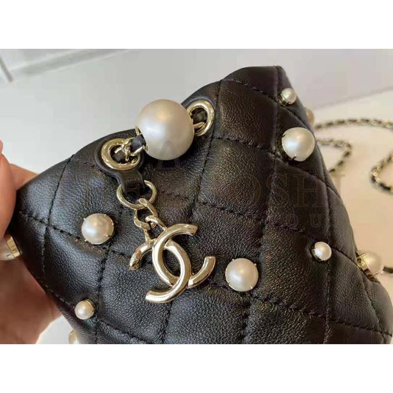 Ch**el Women Mini Drawstring Bag Lambskin Imitation Pearls & Gold-Tone Metal Black Master Quality