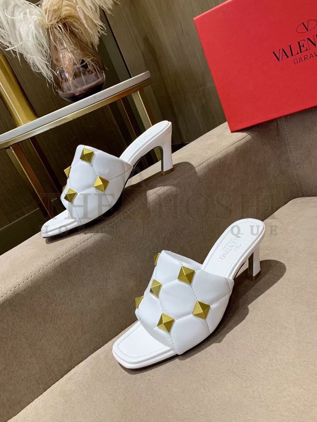 Va1e*ntin0 Roman Stud Slide Sandals 65mm In White Lambskin Master Quality
